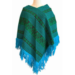 Vintage GUATEMALAN Handwoven Poncho Blue Green Fringed Mayan Huipil Cotton‎